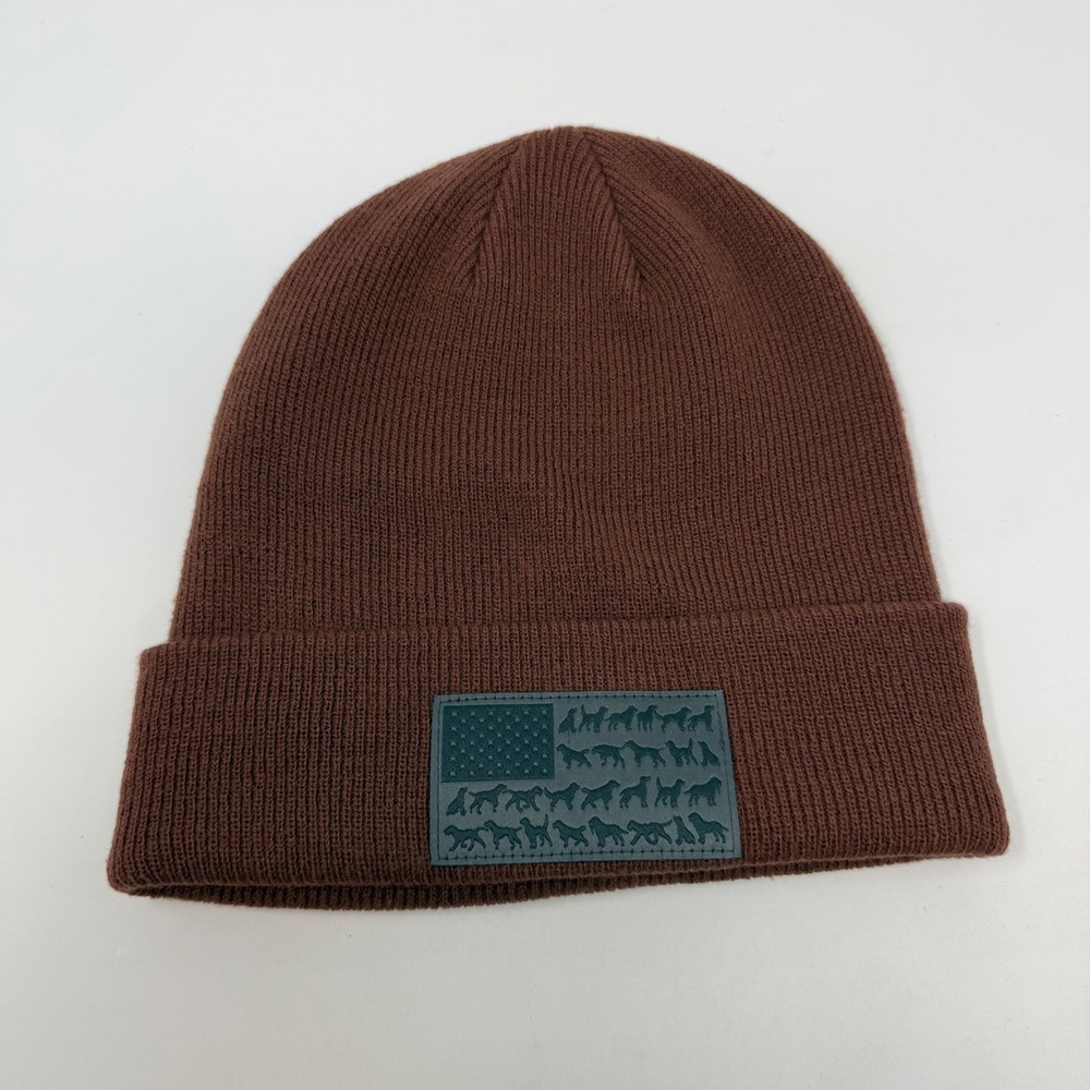 Columbia PHG Performance Hunting Gear Beanie Brown Knit Dog Flag Patch Hat Mens